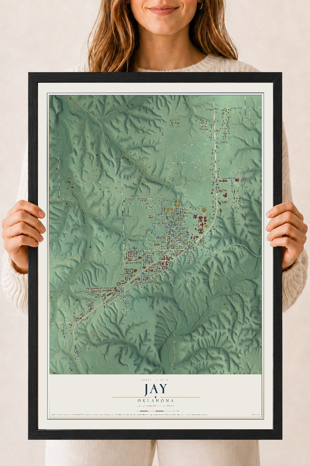 Map of Jay, Oklahoma, 18 x 24 inch print in a black wood frame
