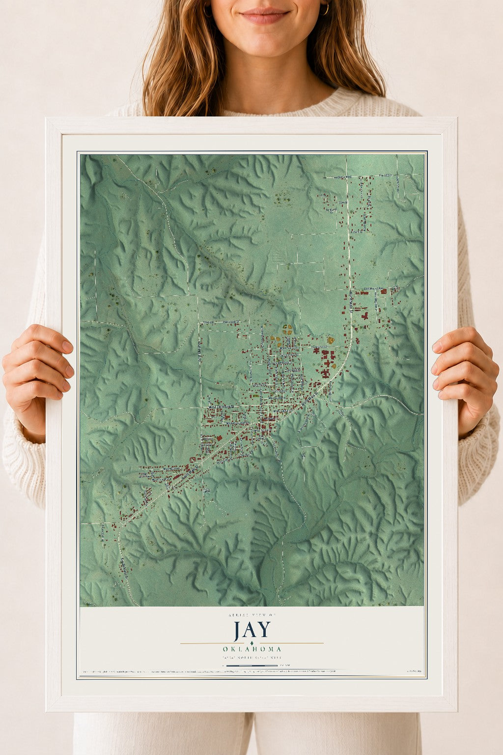 Map of Jay, Oklahoma, 18 x 24 inch print in a white wood frame