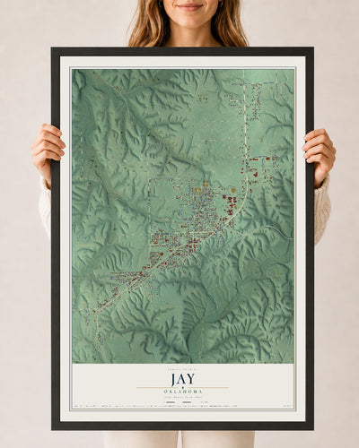 Map of Jay, Oklahoma, 24 x 36 inch print in a black wood frame