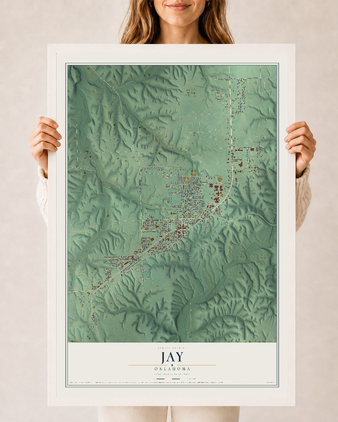 Map of Jay, Oklahoma, 24 x 36 inch print in a white wood frame