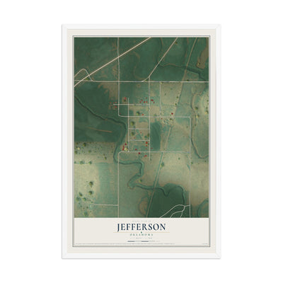 Map of Jefferson, Oklahoma, 12 x 18 inch print in a white wood frame