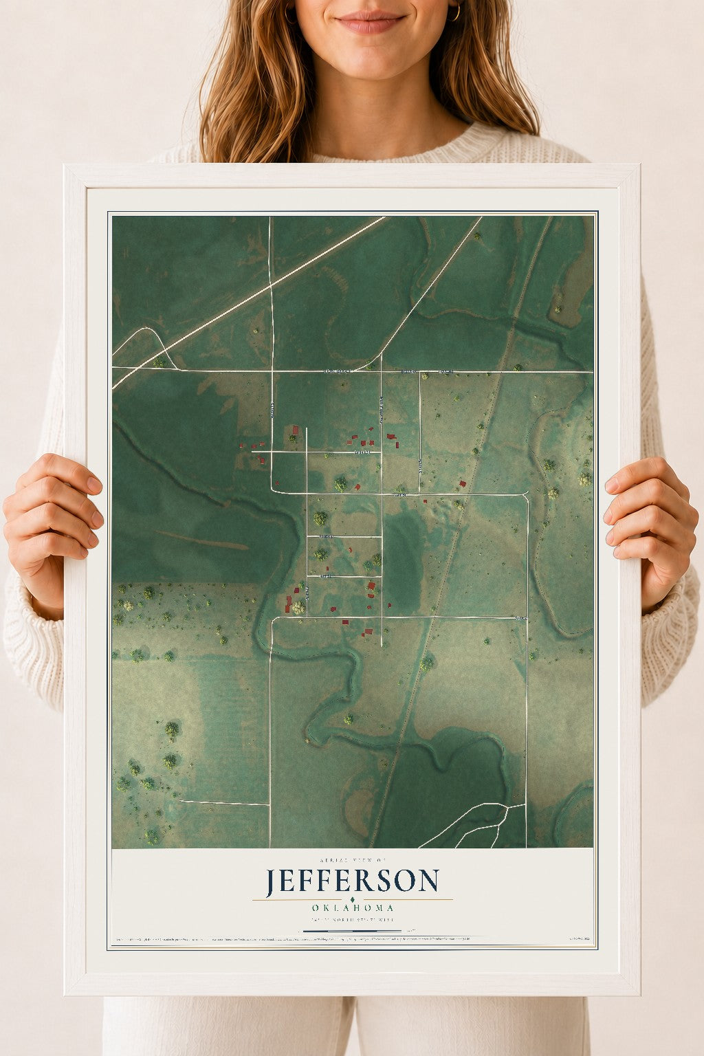 Map of Jefferson, Oklahoma, 18 x 24 inch print in a white wood frame