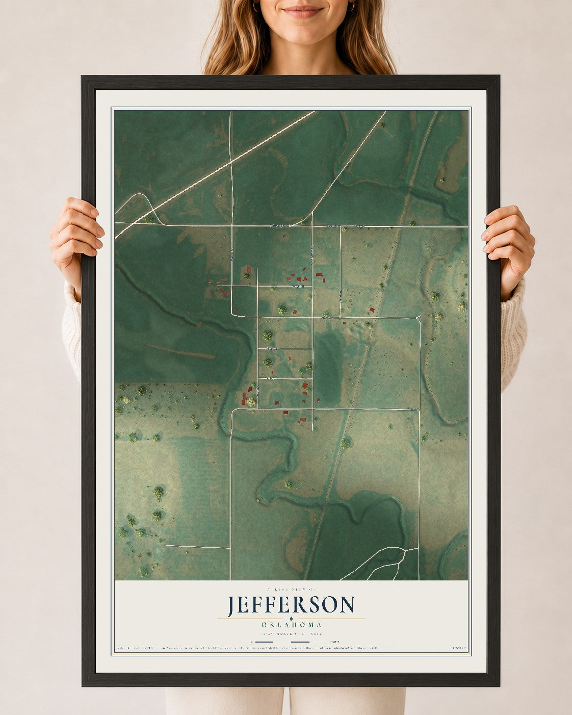 Map of Jefferson, Oklahoma, 24 x 36 inch print in a black wood frame