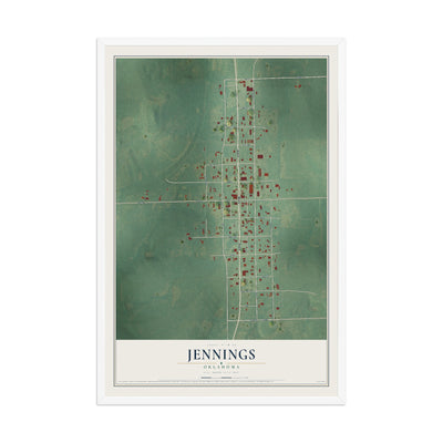 Map of Jennings, Oklahoma, 12 x 18 inch print in a white wood frame