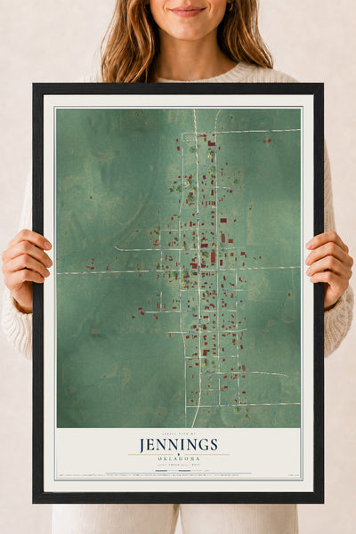 Map of Jennings, Oklahoma, 18 x 24 inch print in a black wood frame