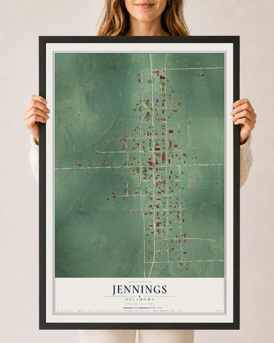 Map of Jennings, Oklahoma, 24 x 36 inch print in a black wood frame