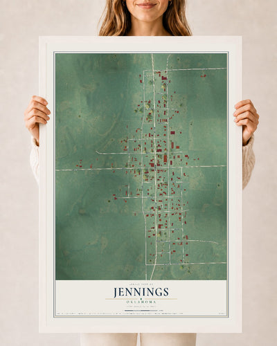 Map of Jennings, Oklahoma, 24 x 36 inch print in a white wood frame