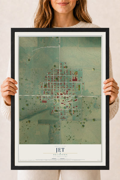 Map of Jet, Oklahoma, 18 x 24 inch print in a black wood frame