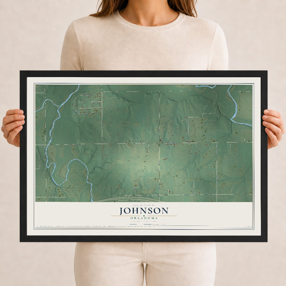 Map of Johnson, Oklahoma, 12 x 18 inch print in a black wood frame