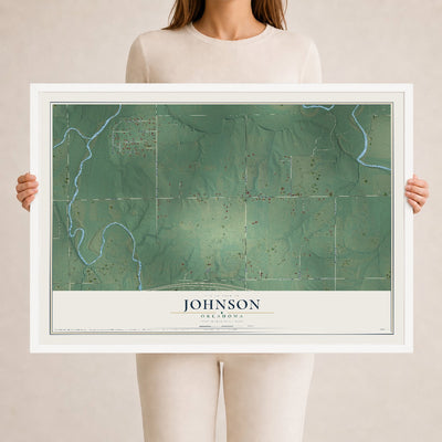 Map of Johnson, Oklahoma, 24 x 36 inch print in a white wood frame