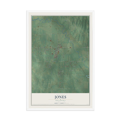 Map of Jones, Oklahoma, 12 x 18 inch print in a white wood frame