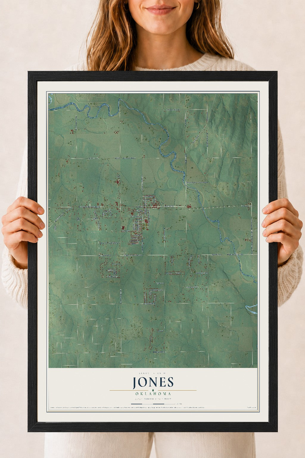 Map of Jones, Oklahoma, 18 x 24 inch print in a black wood frame