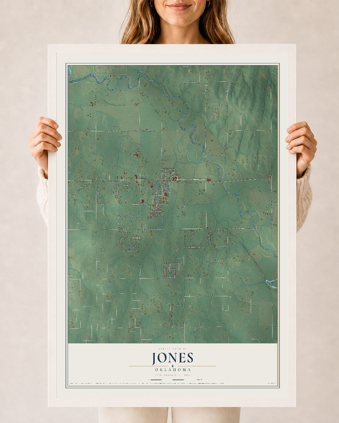 Map of Jones, Oklahoma, 24 x 36 inch print in a white wood frame