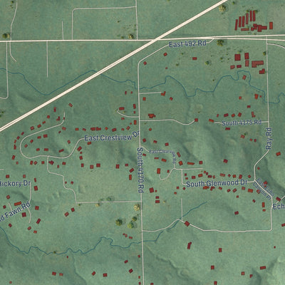 Close-up of the map of Justice, Oklahoma print showing street and building detail