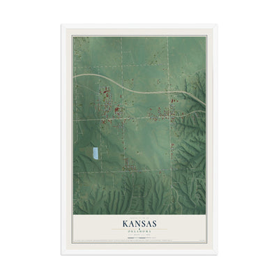 Map of Kansas, Oklahoma, 12 x 18 inch print in a white wood frame