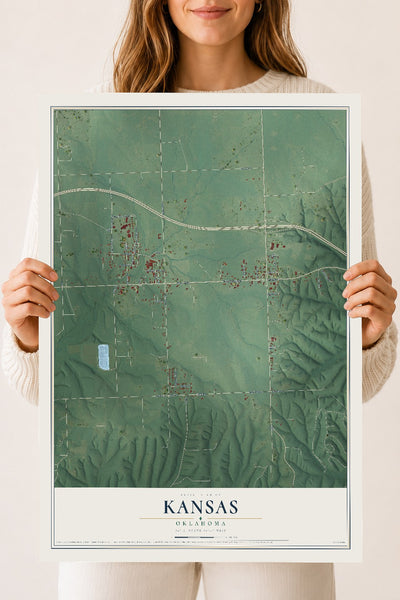 Map of Kansas, Oklahoma, 18 x 24 inch unframed archival matte print