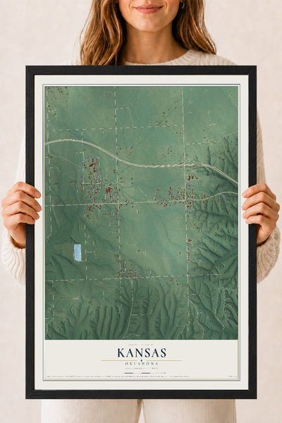 Map of Kansas, Oklahoma, 18 x 24 inch print in a black wood frame