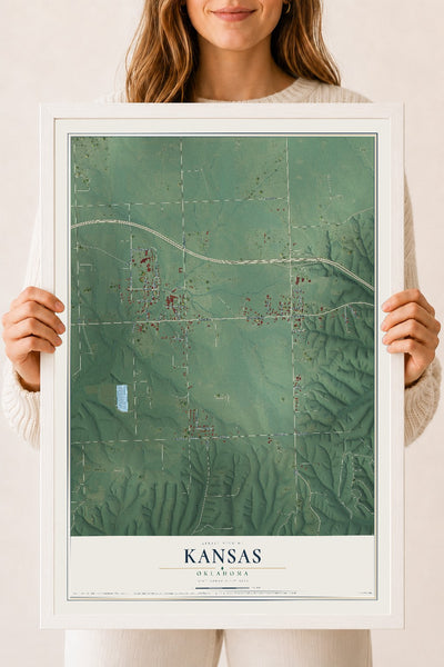 Map of Kansas, Oklahoma, 18 x 24 inch print in a white wood frame