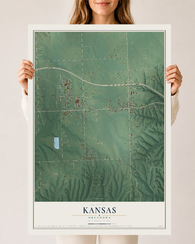 Map of Kansas, Oklahoma, 24 x 36 inch unframed archival matte print