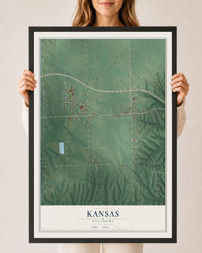 Map of Kansas, Oklahoma, 24 x 36 inch print in a black wood frame