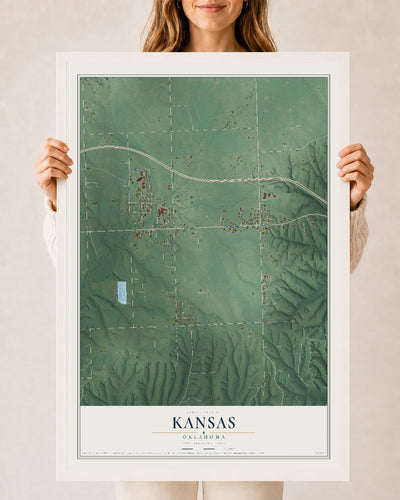 Map of Kansas, Oklahoma, 24 x 36 inch print in a white wood frame