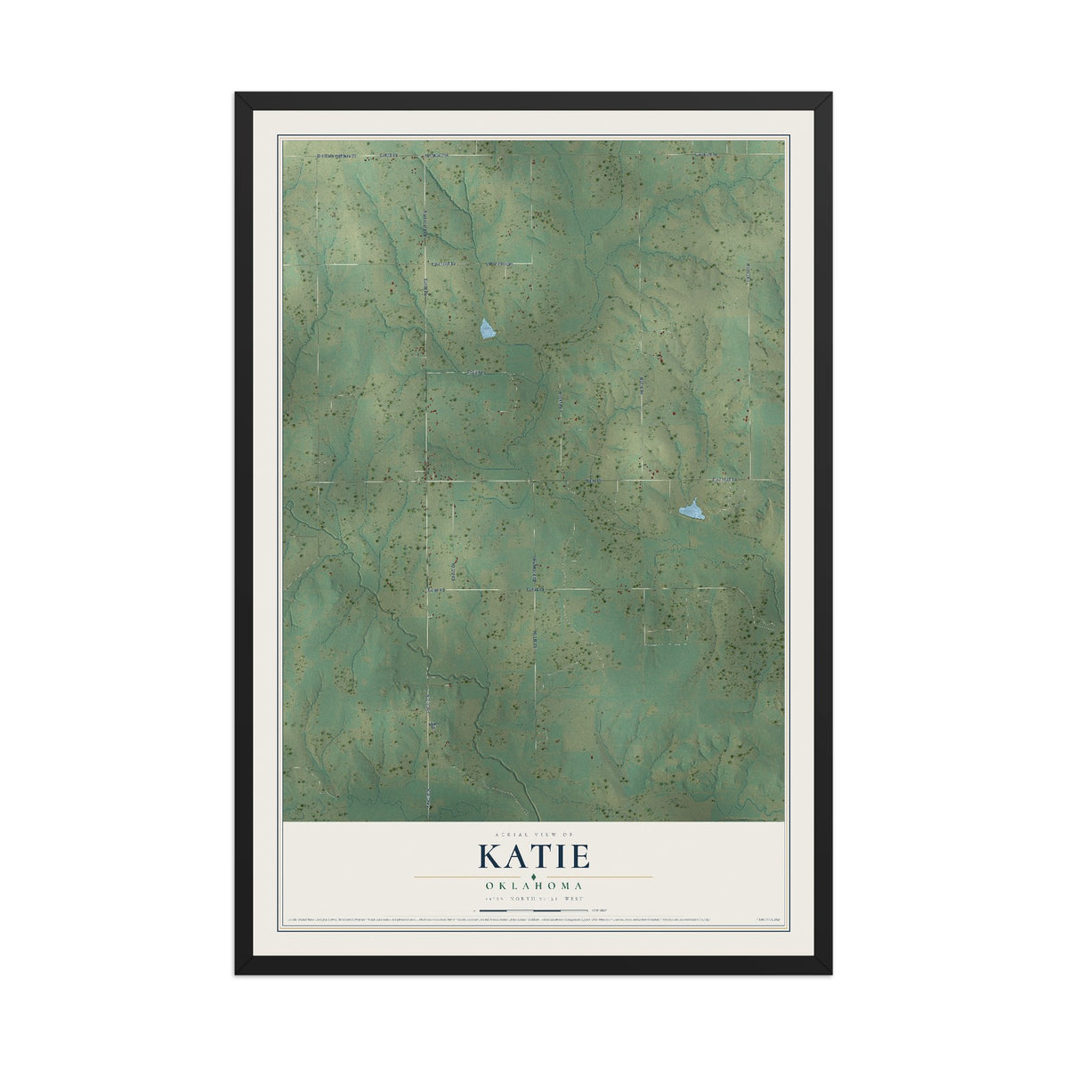 Map of Katie, Oklahoma, 12 x 18 inch print in a black wood frame