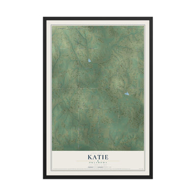 Map of Katie, Oklahoma, 12 x 18 inch print in a black wood frame