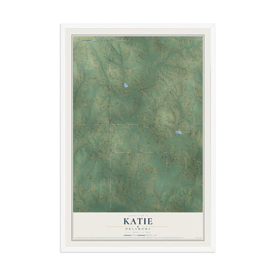 Map of Katie, Oklahoma, 12 x 18 inch print in a white wood frame