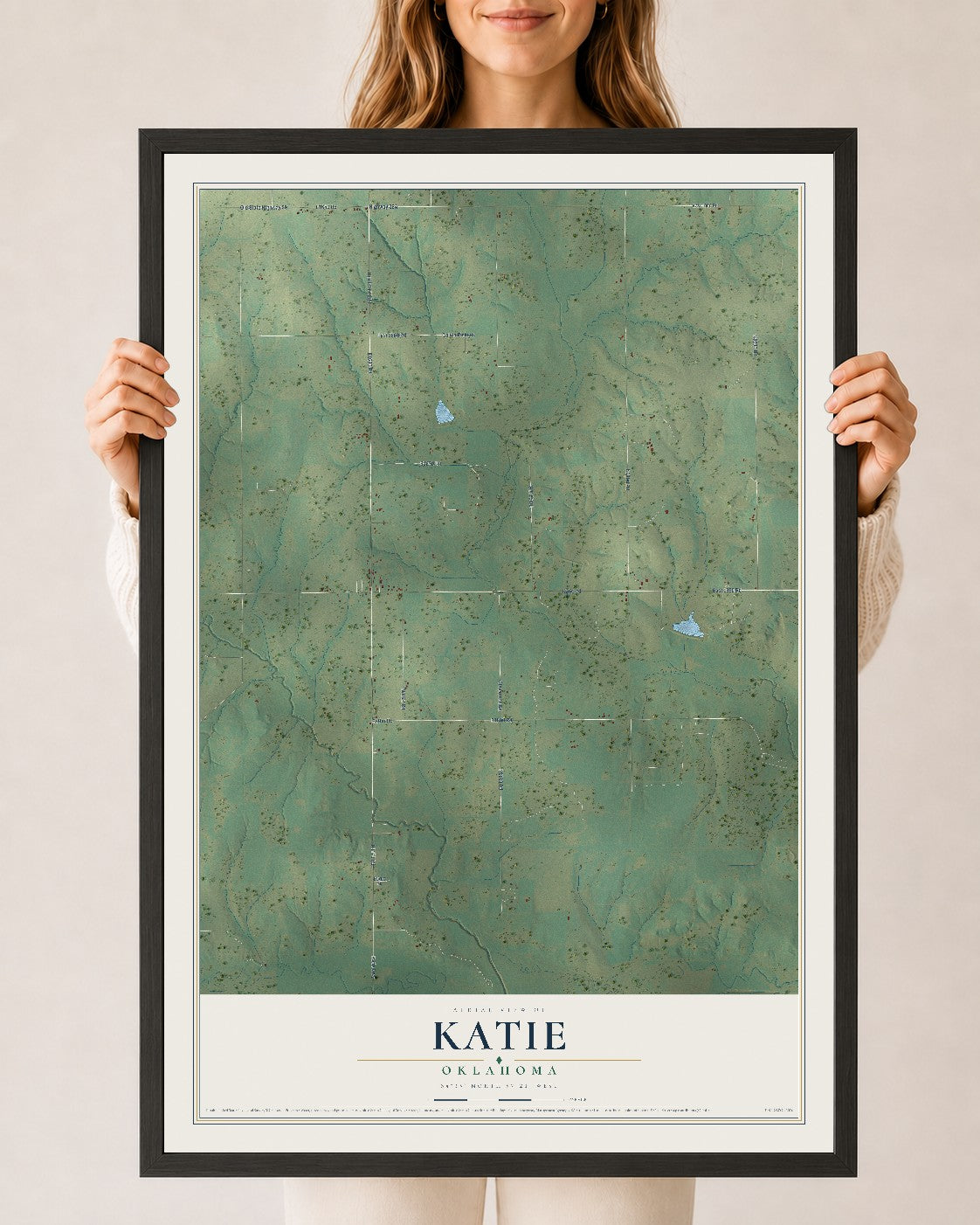 Map of Katie, Oklahoma, 24 x 36 inch print in a black wood frame