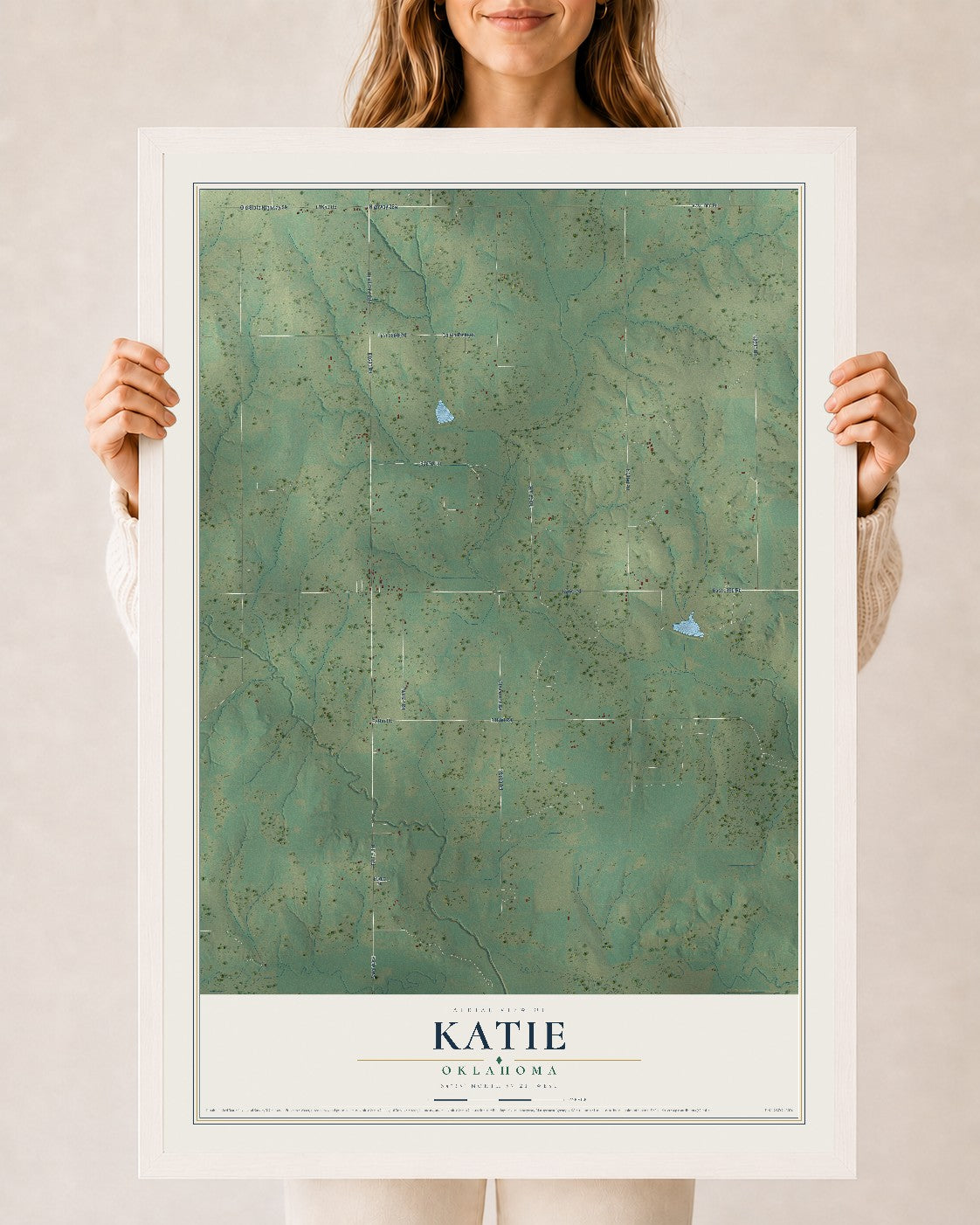 Map of Katie, Oklahoma, 24 x 36 inch print in a white wood frame