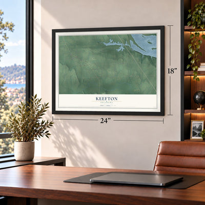 Keefton, Oklahoma map, 18 x 24 inch print in a black frame in a home office