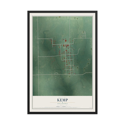 Map of Kemp, Oklahoma, 12 x 18 inch print in a black wood frame