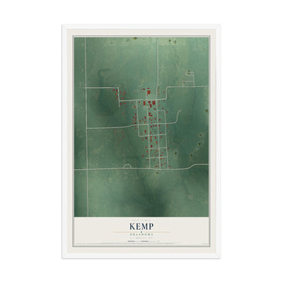 Map of Kemp, Oklahoma, 12 x 18 inch print in a white wood frame