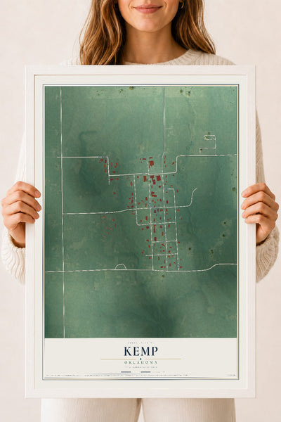 Map of Kemp, Oklahoma, 18 x 24 inch print in a white wood frame