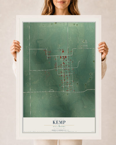 Map of Kemp, Oklahoma, 24 x 36 inch print in a white wood frame