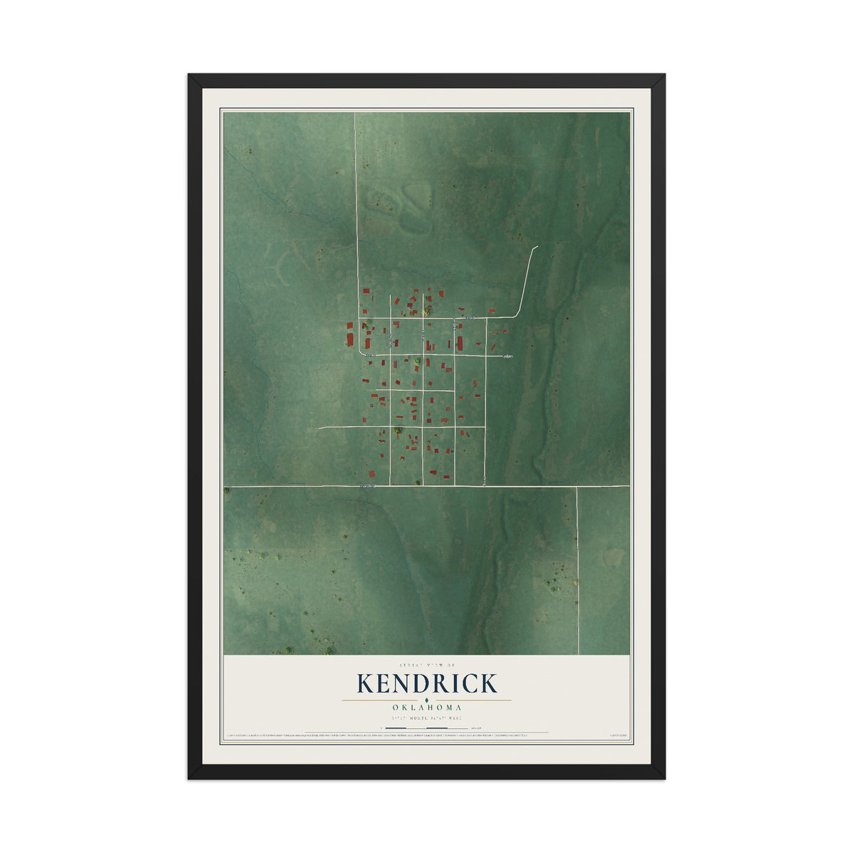 Map of Kendrick, Oklahoma, 12 x 18 inch print in a black wood frame