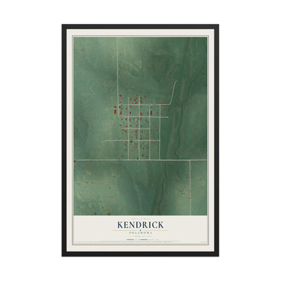 Map of Kendrick, Oklahoma, 12 x 18 inch print in a black wood frame