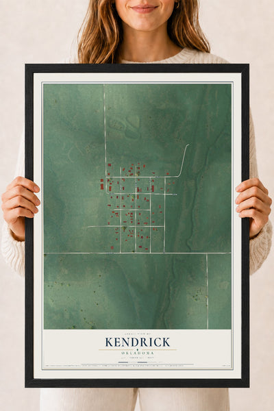 Map of Kendrick, Oklahoma, 18 x 24 inch print in a black wood frame