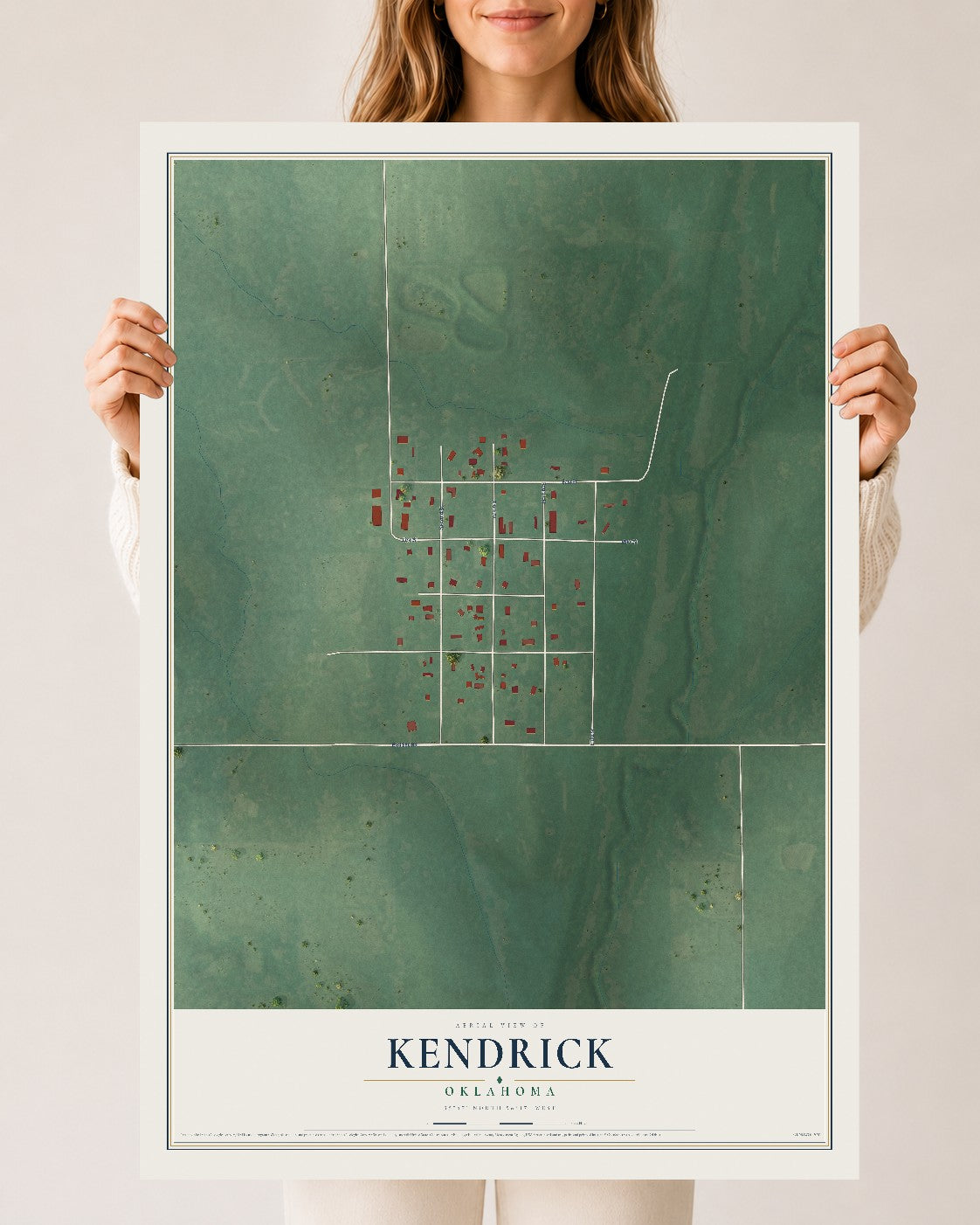 Map of Kendrick, Oklahoma, 24 x 36 inch unframed archival matte print