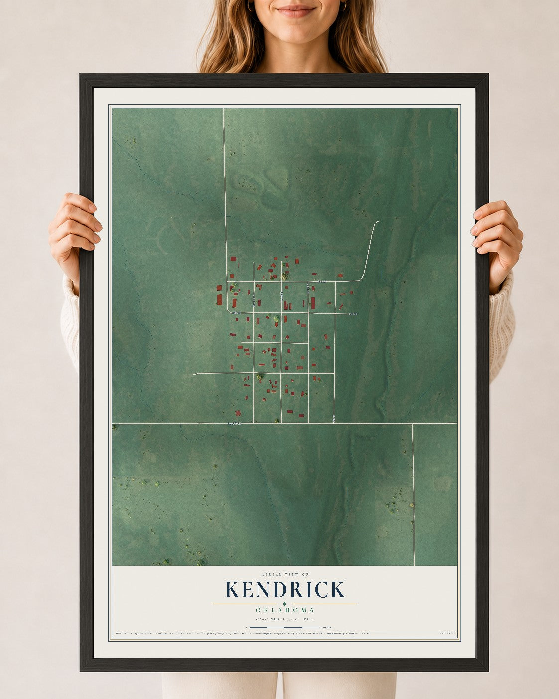 Map of Kendrick, Oklahoma, 24 x 36 inch print in a black wood frame