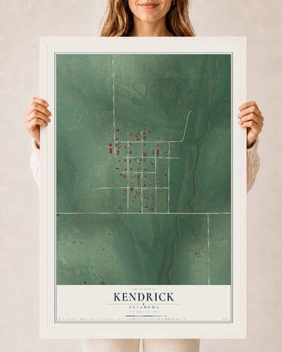 Map of Kendrick, Oklahoma, 24 x 36 inch print in a white wood frame