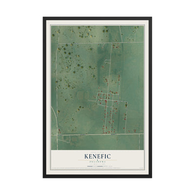 Map of Kenefic, Oklahoma, 12 x 18 inch print in a black wood frame