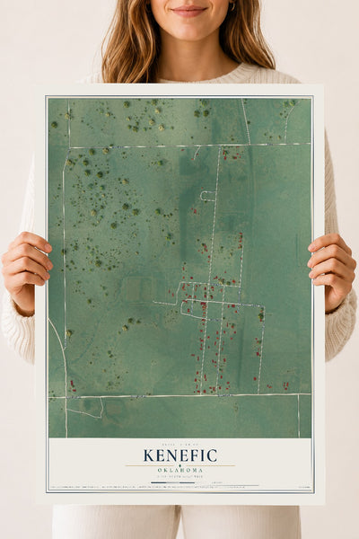Map of Kenefic, Oklahoma, 18 x 24 inch unframed archival matte print
