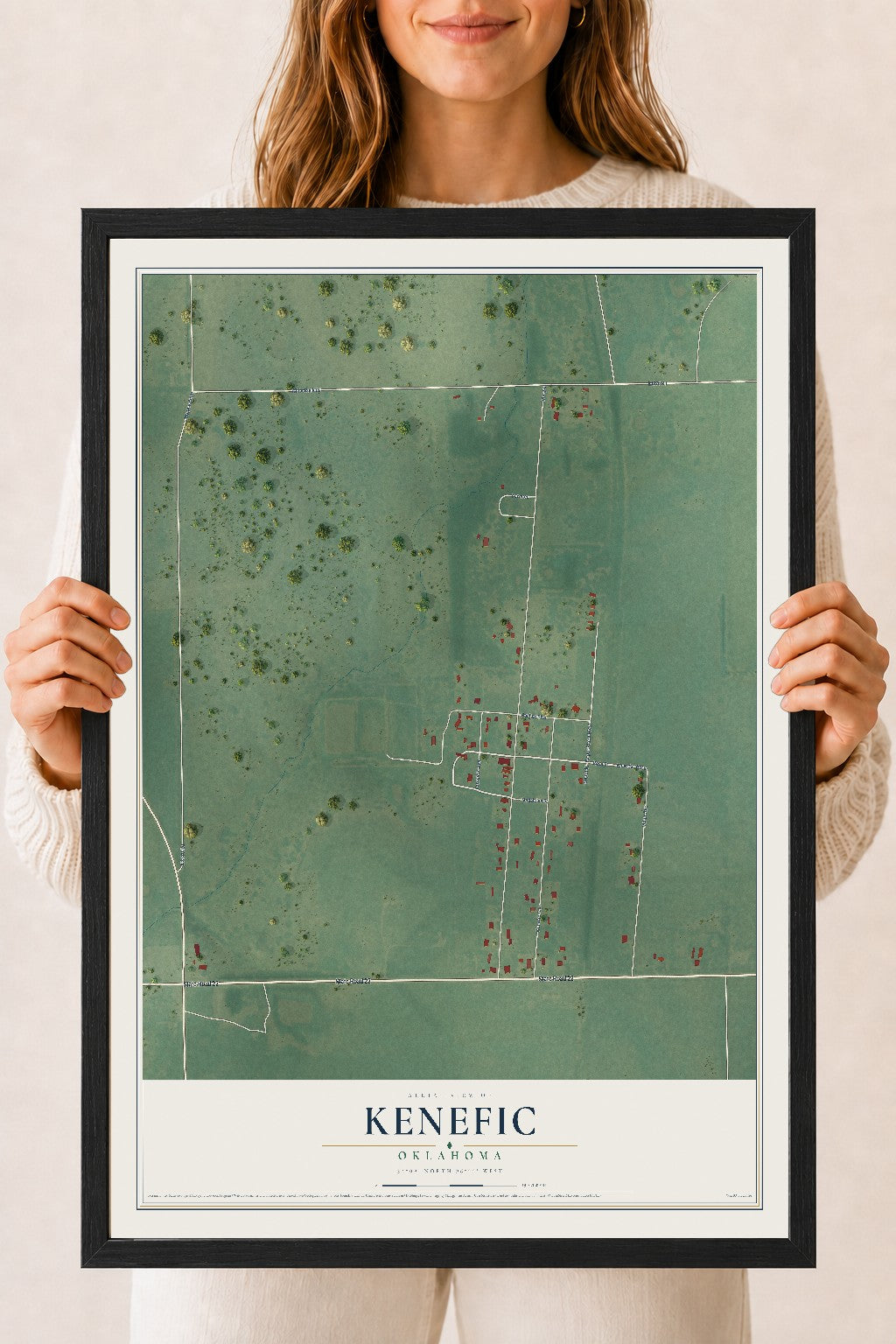 Map of Kenefic, Oklahoma, 18 x 24 inch print in a black wood frame
