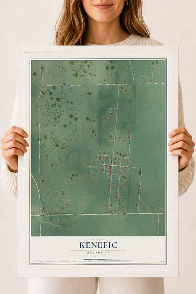 Map of Kenefic, Oklahoma, 18 x 24 inch print in a white wood frame