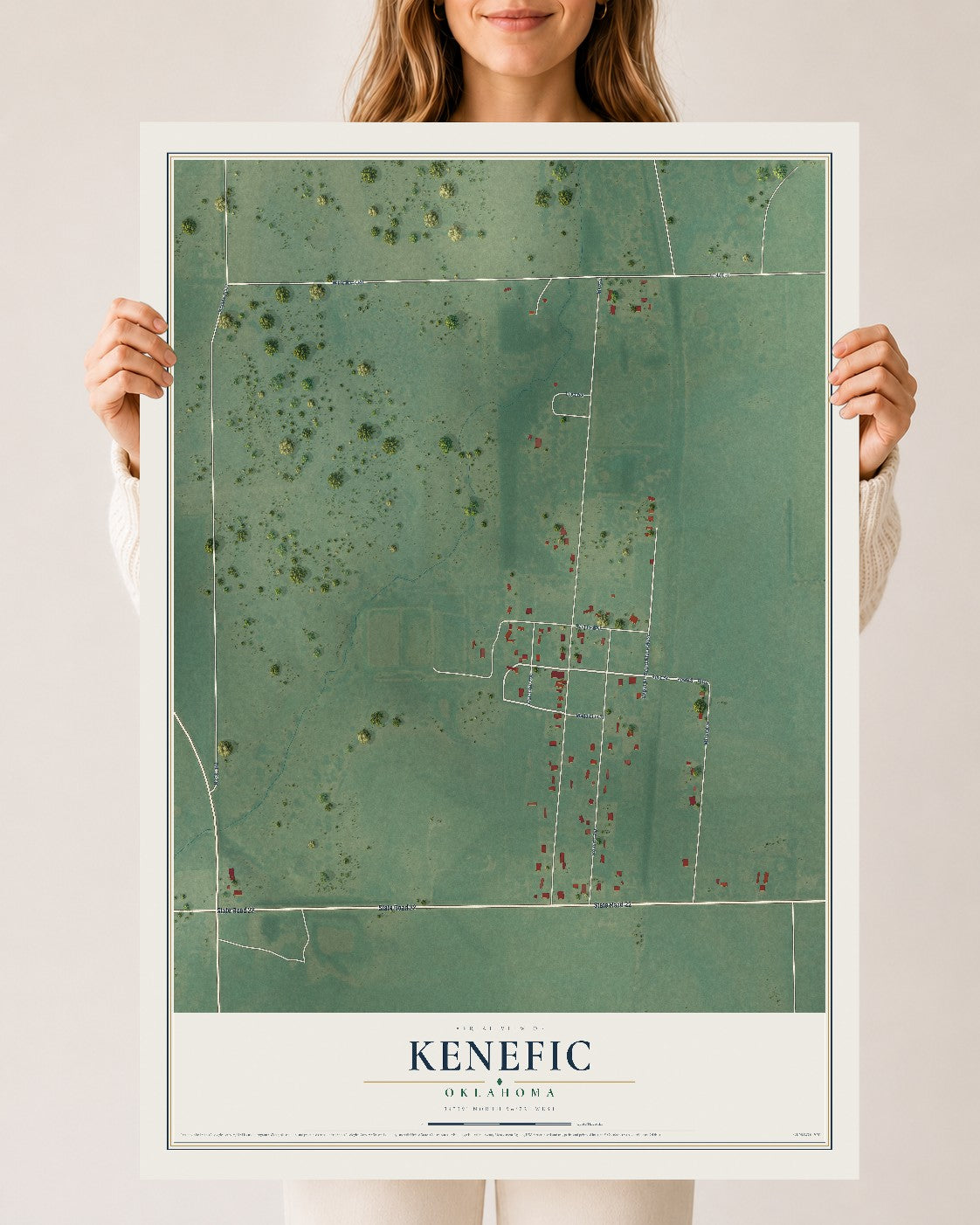 Map of Kenefic, Oklahoma, 24 x 36 inch unframed archival matte print