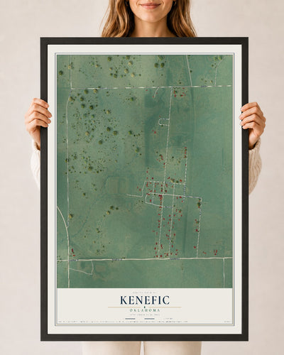 Map of Kenefic, Oklahoma, 24 x 36 inch print in a black wood frame