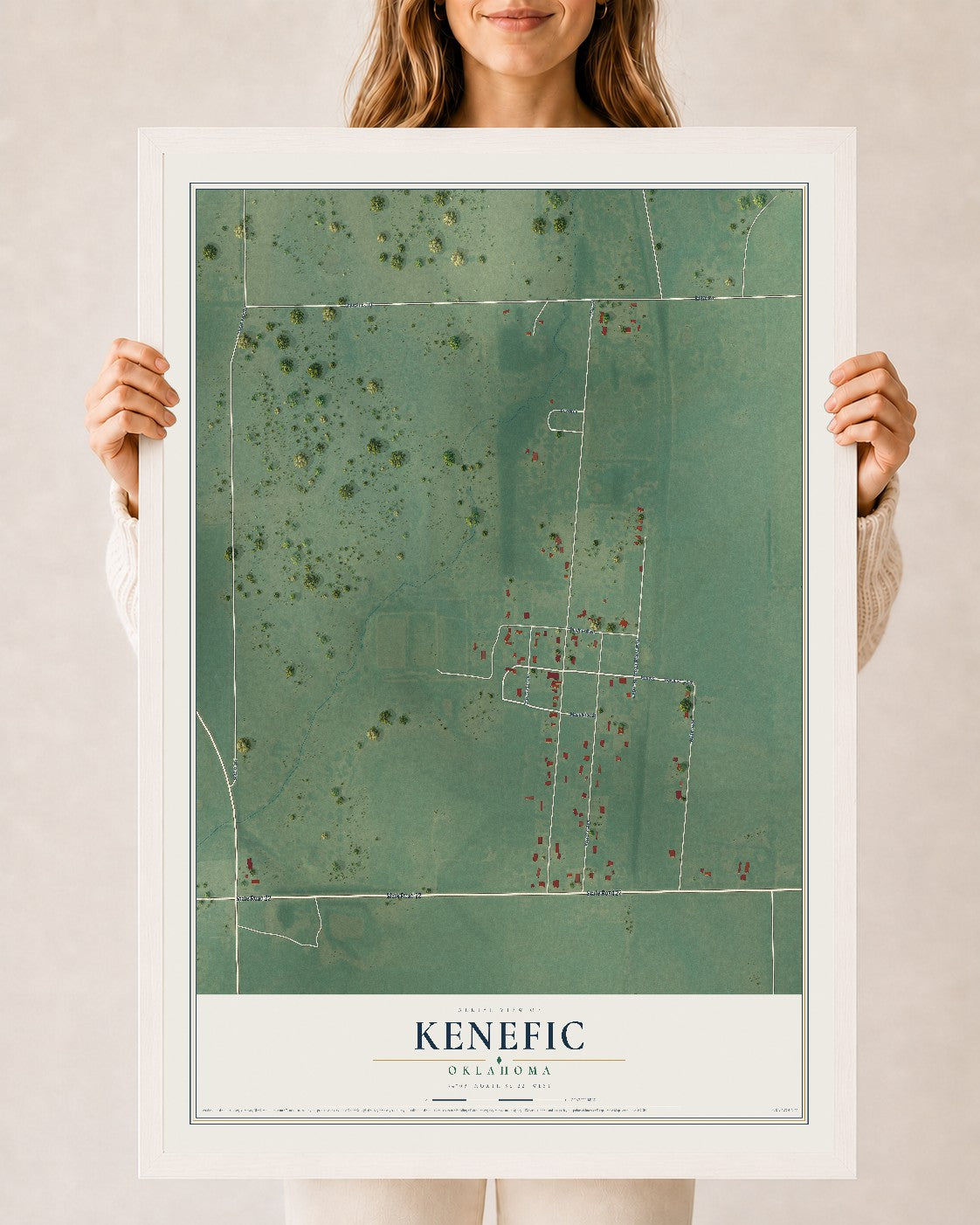 Map of Kenefic, Oklahoma, 24 x 36 inch print in a white wood frame