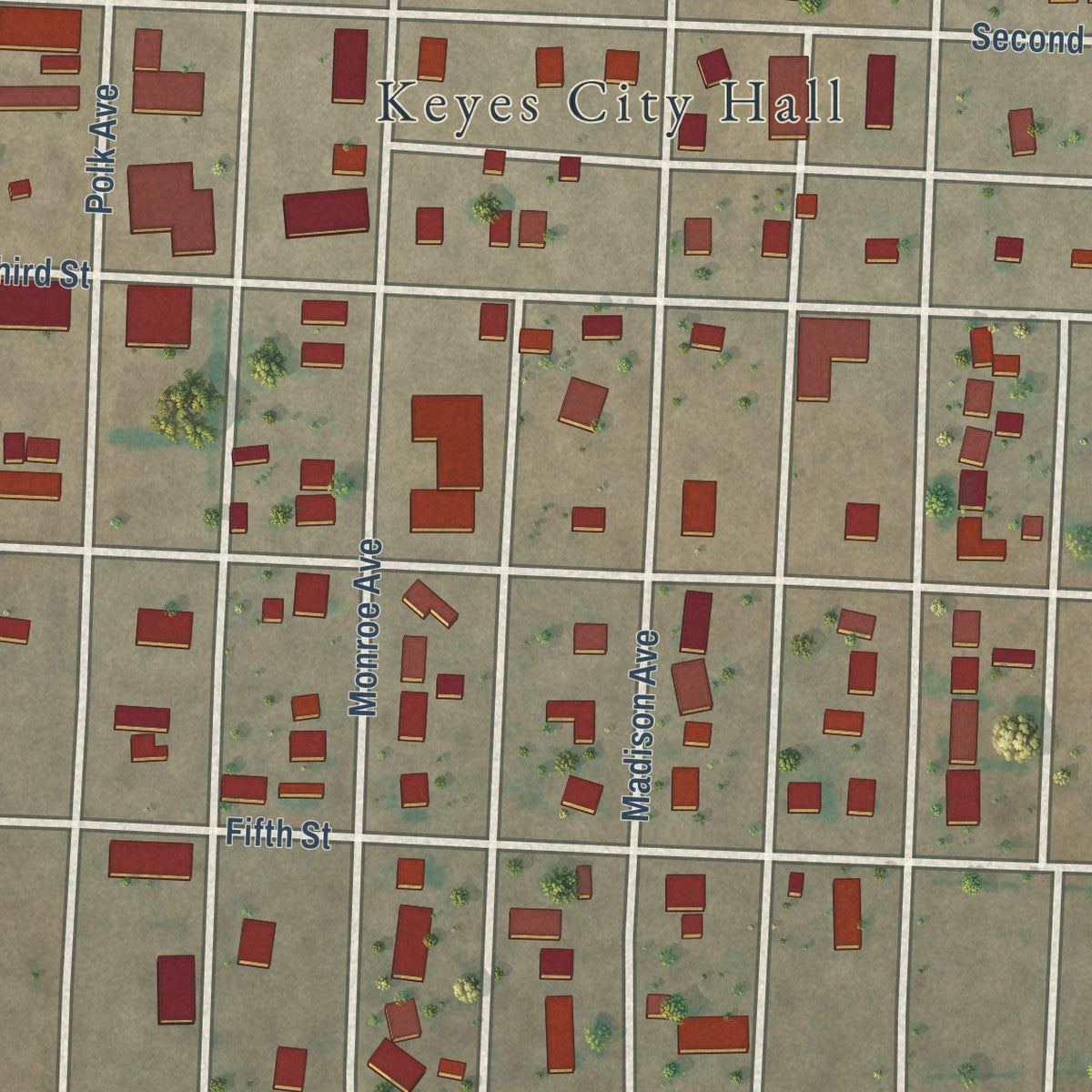 Close-up of the map of Keyes, Oklahoma print showing street and building detail