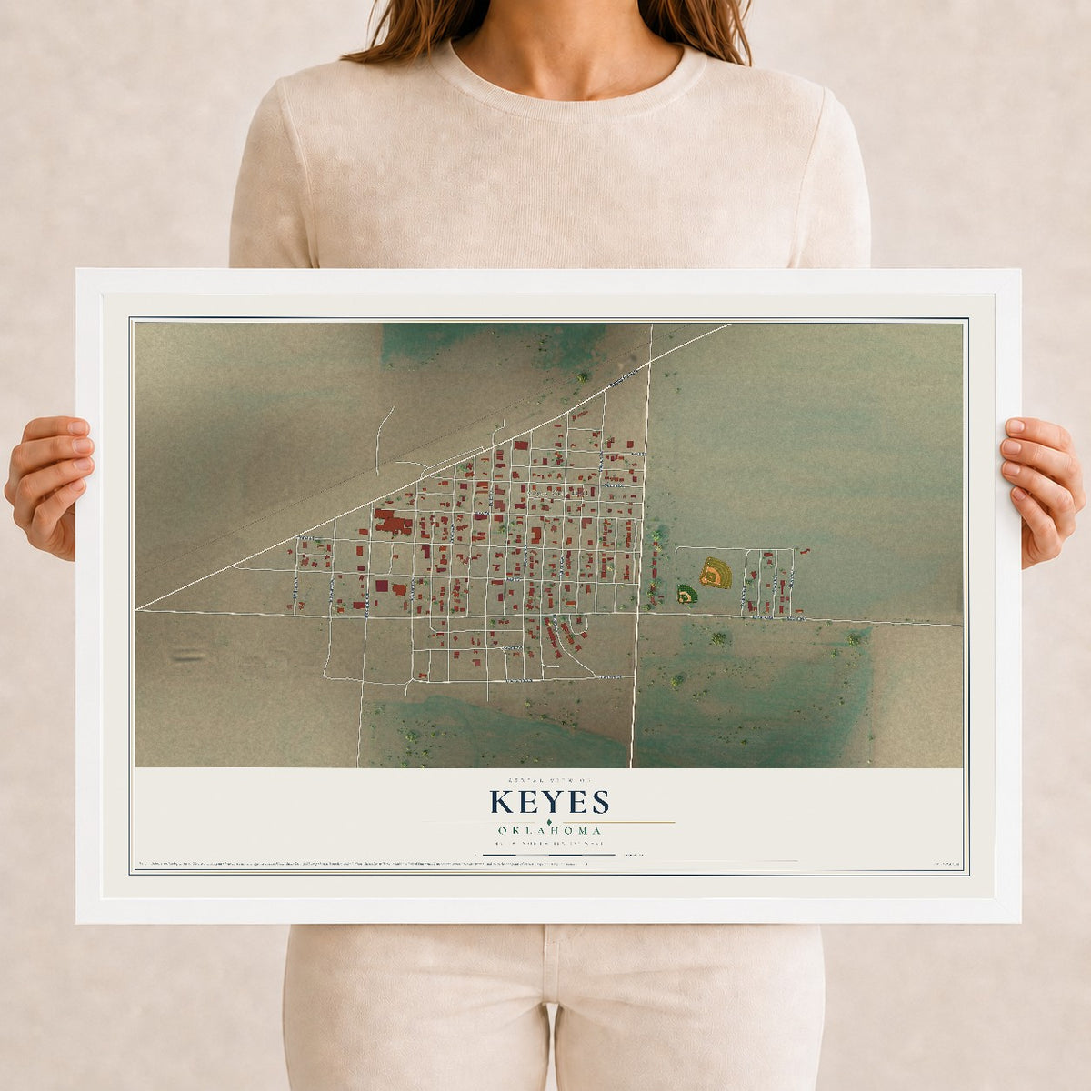 Map of Keyes, Oklahoma, 12 x 18 inch print in a white wood frame